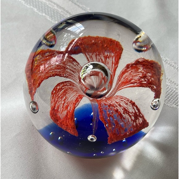 Other - Art Glass Paperweight, Orange Lily Flower Design, 3” diameter
